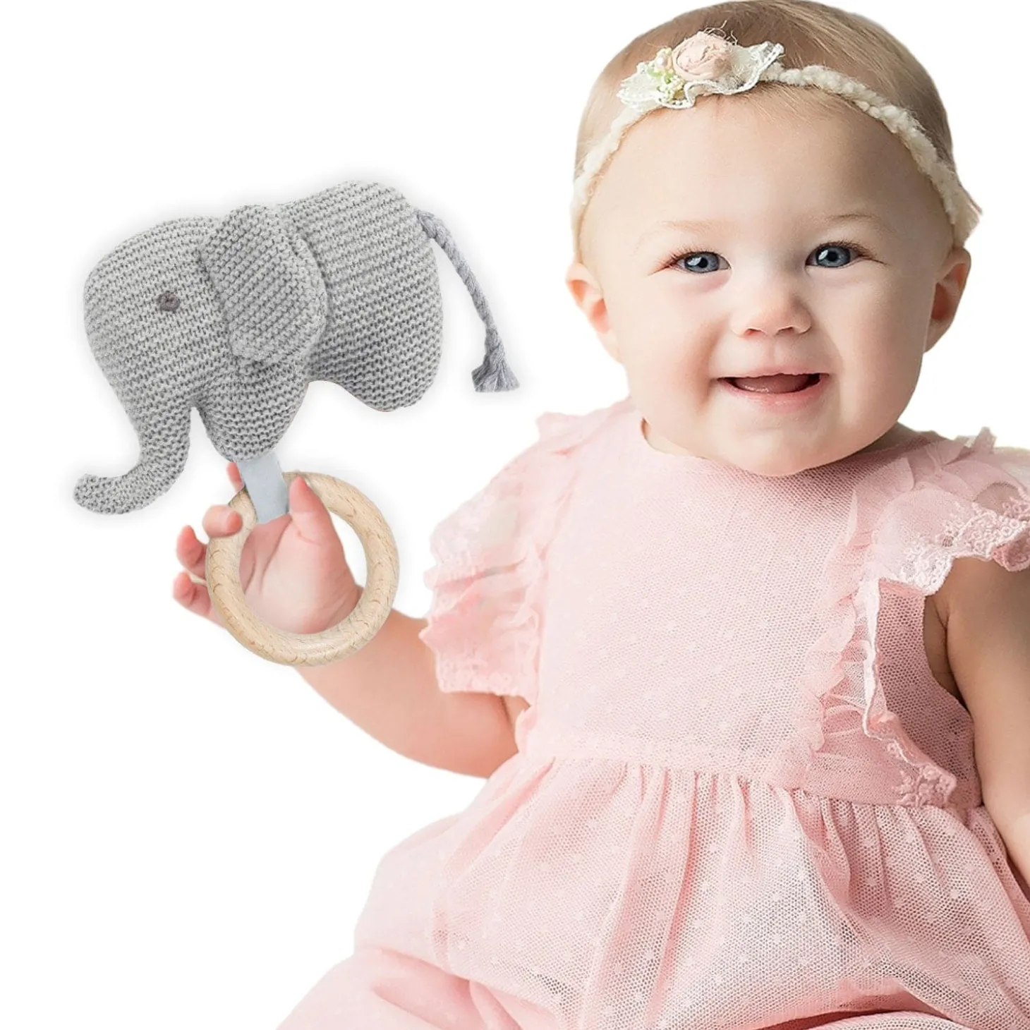Baby Moo Elephant Wooden Teething Ring Soft Knitted Handheld Rattle - Grey