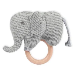 Baby Moo Elephant Wooden Teething Ring Soft Knitted Handheld Rattle - Grey