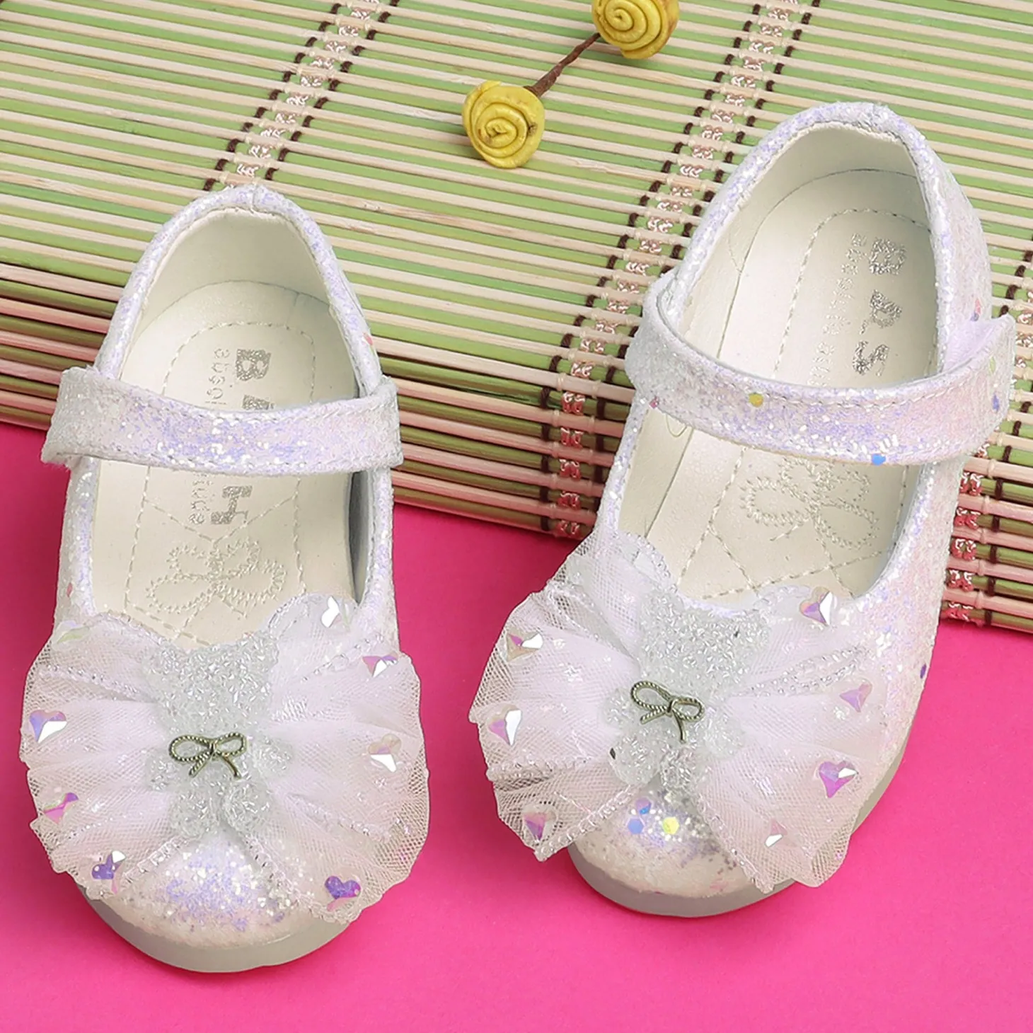 Baby Moo Embellished Bow Sequin Mary Jane Velcro Strap Anti-Skid Ballerina Shoes - Gold