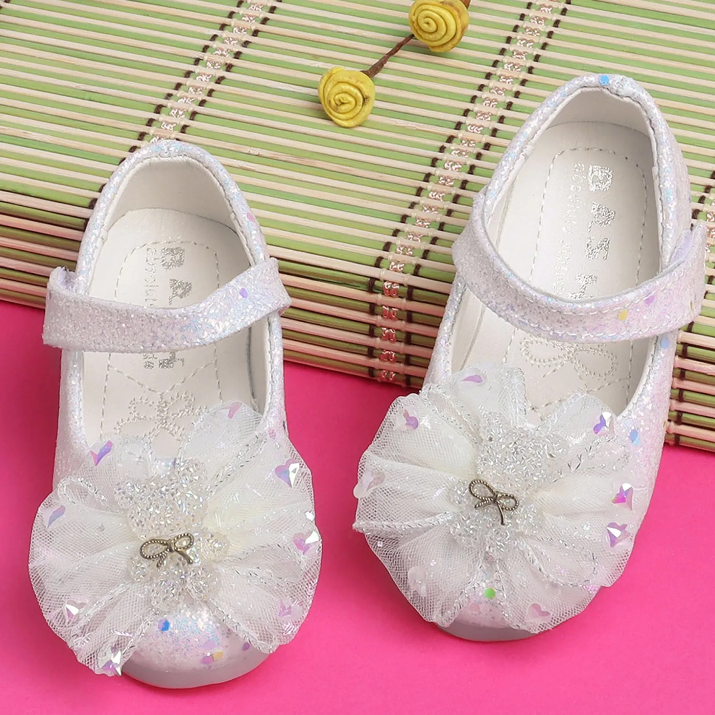 Baby Moo Embellished Bow Sequin Mary Jane Velcro Strap Anti-Skid Ballerina Shoes - White