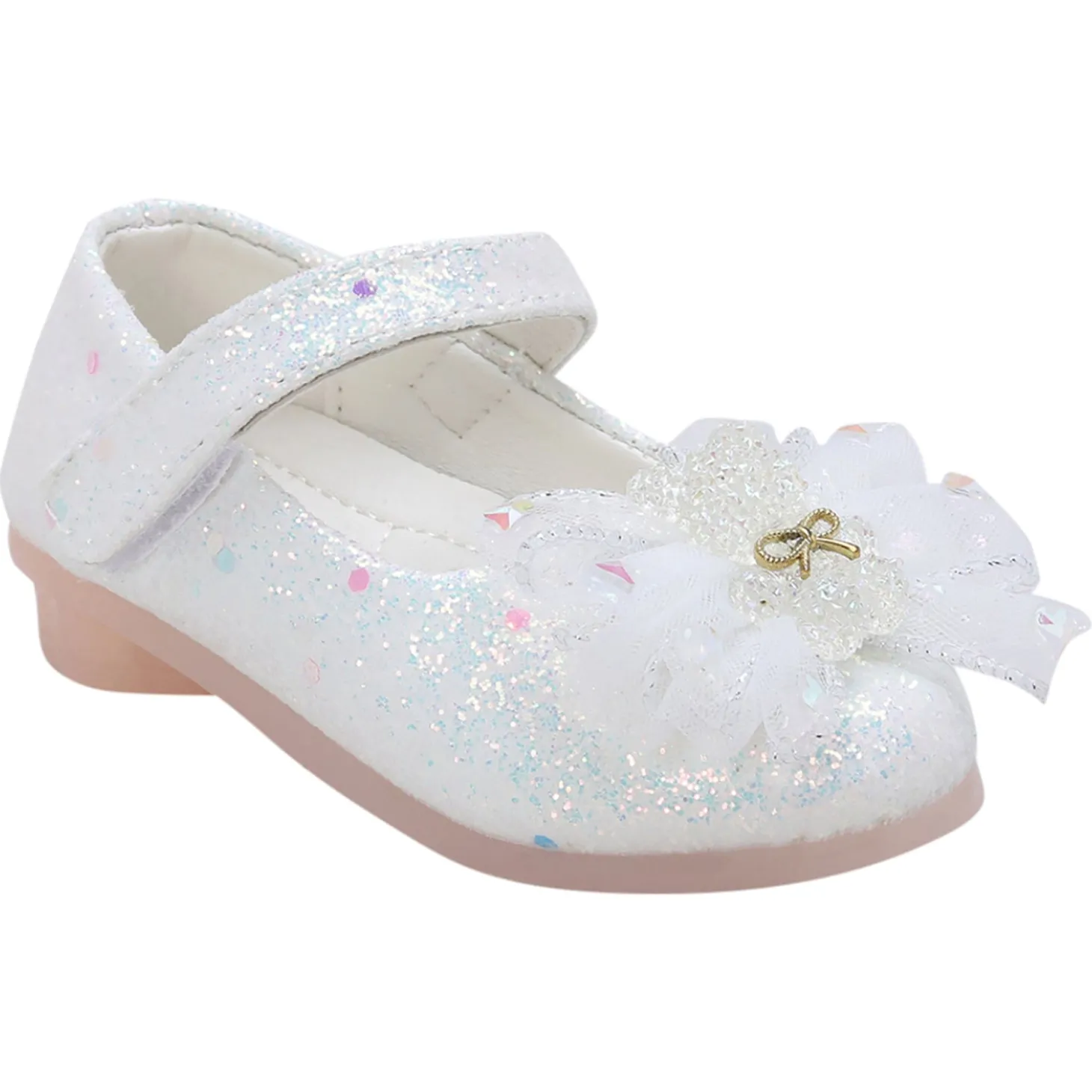 Baby Moo Embellished Bow Sequin Mary Jane Velcro Strap Anti-Skid Ballerina Shoes - White