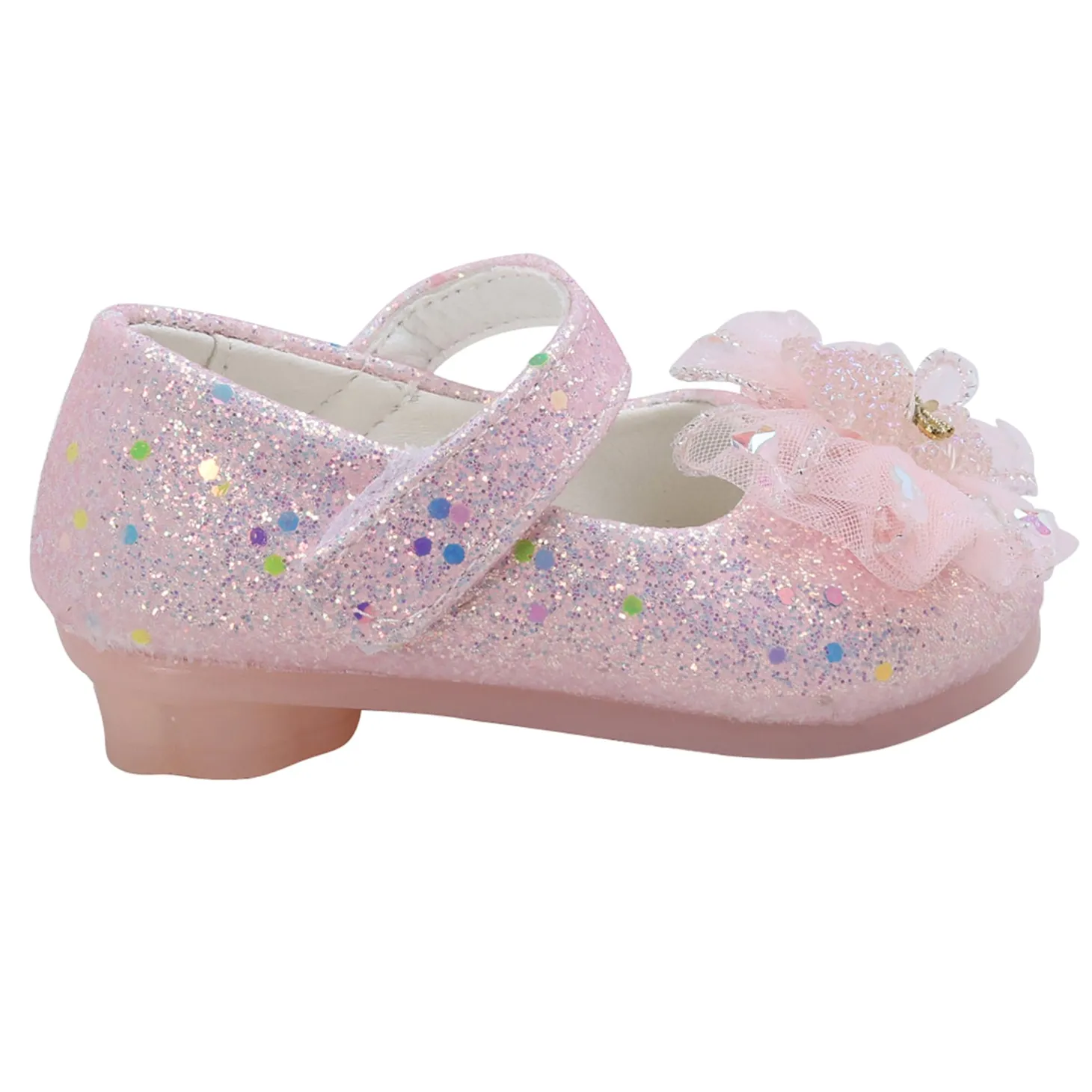 Baby Moo Embellished Bow Sequin Mary Jane Velcro Strap Anti-Skid Ballerina Shoes - Pink