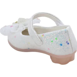 Baby Moo Embellished Bow Sequin Mary Jane Velcro Strap Anti-Skid Ballerina Shoes - White