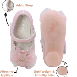 Baby Moo Embellished Bow Sequin Mary Jane Velcro Strap Anti-Skid Ballerina Shoes - Pink
