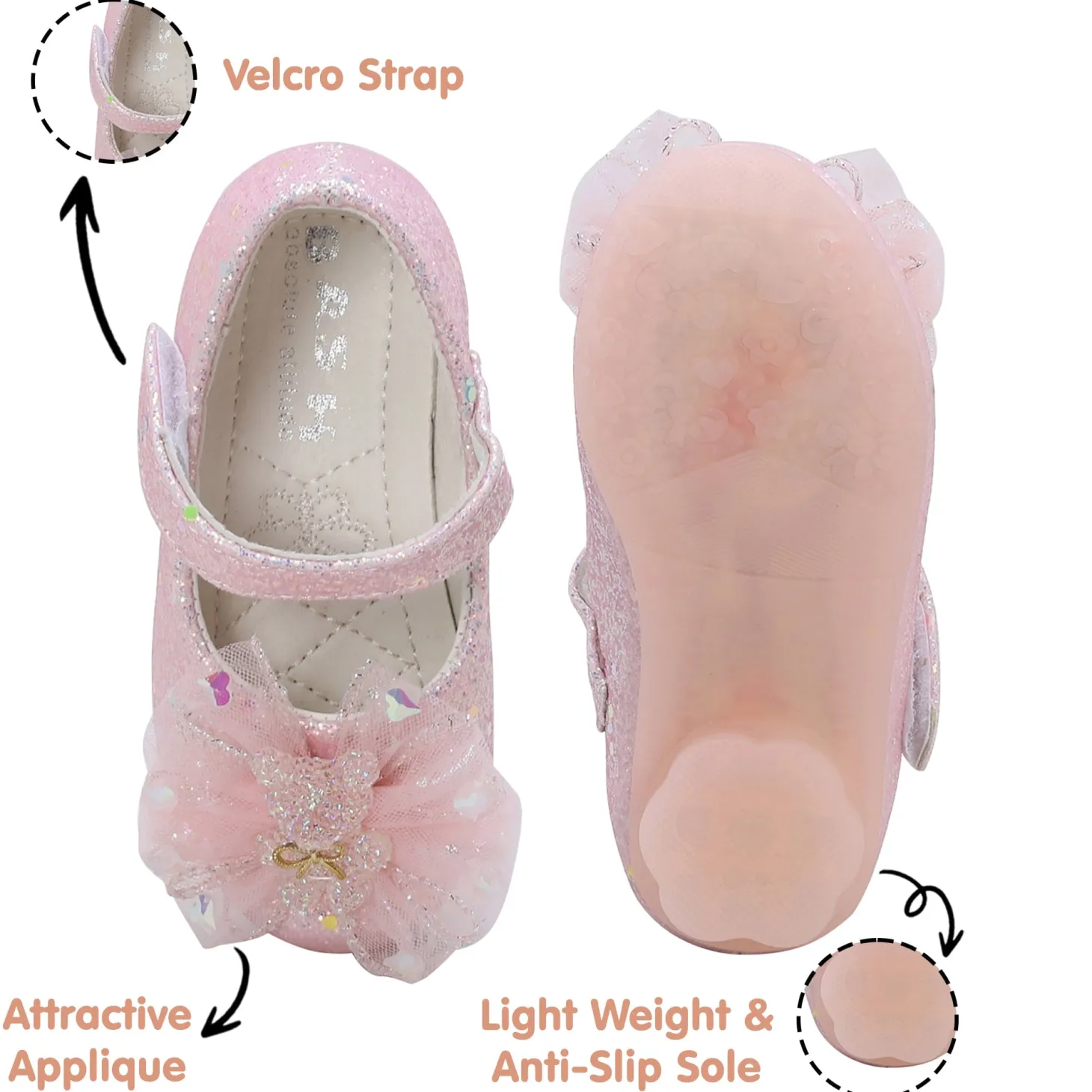 Baby Moo Embellished Bow Sequin Mary Jane Velcro Strap Anti-Skid Ballerina Shoes - Pink
