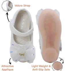 Baby Moo Embellished Bow Sequin Mary Jane Velcro Strap Anti-Skid Ballerina Shoes - White