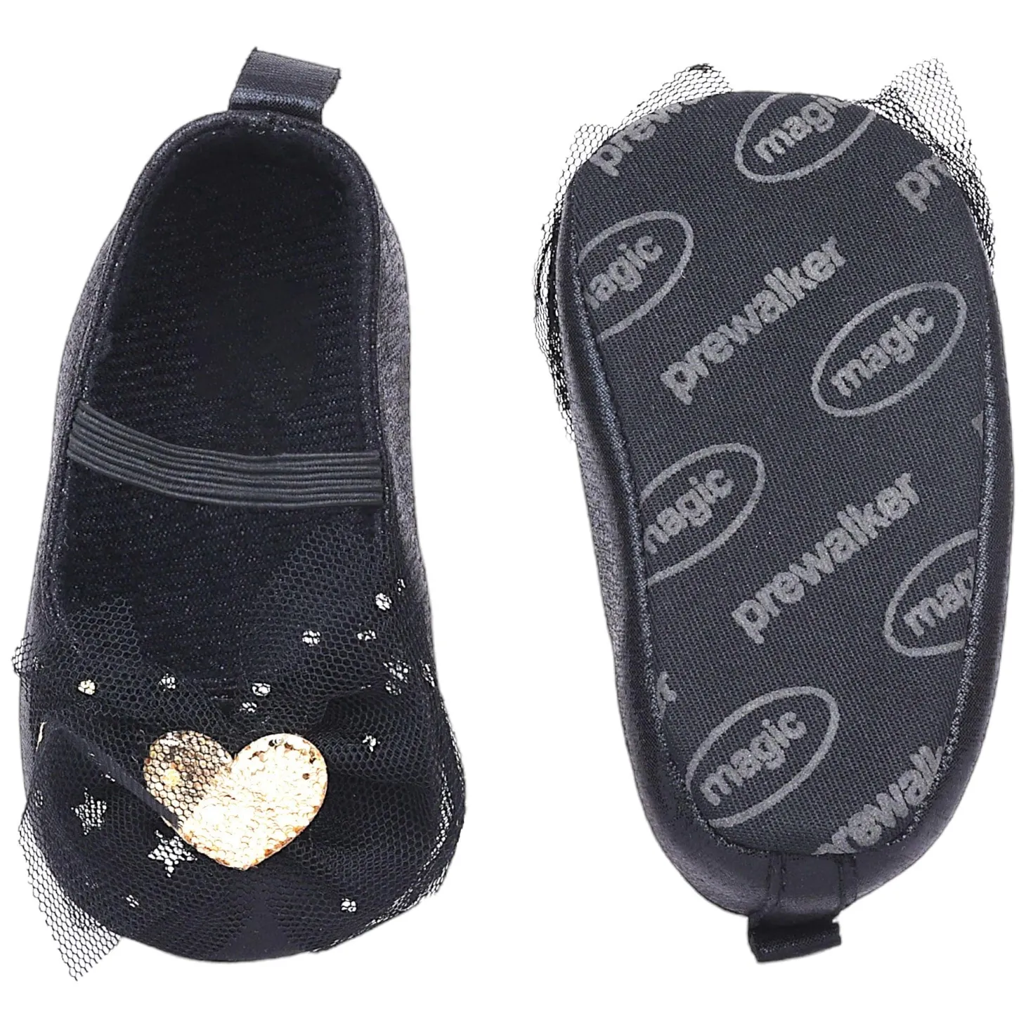 Baby Moo Embellished Bow Glittery Heart Anti-Skid Ballerina Booties - Black
