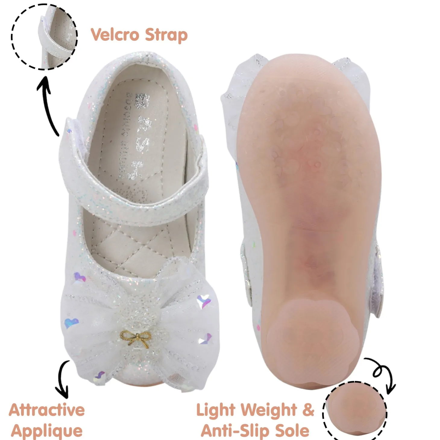 Baby Moo Embellished Bow Sequin Mary Jane Velcro Strap Anti-Skid Ballerina Shoes - White