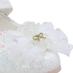 Baby Moo Embellished Bow Sequin Mary Jane Velcro Strap Anti-Skid Ballerina Shoes - White