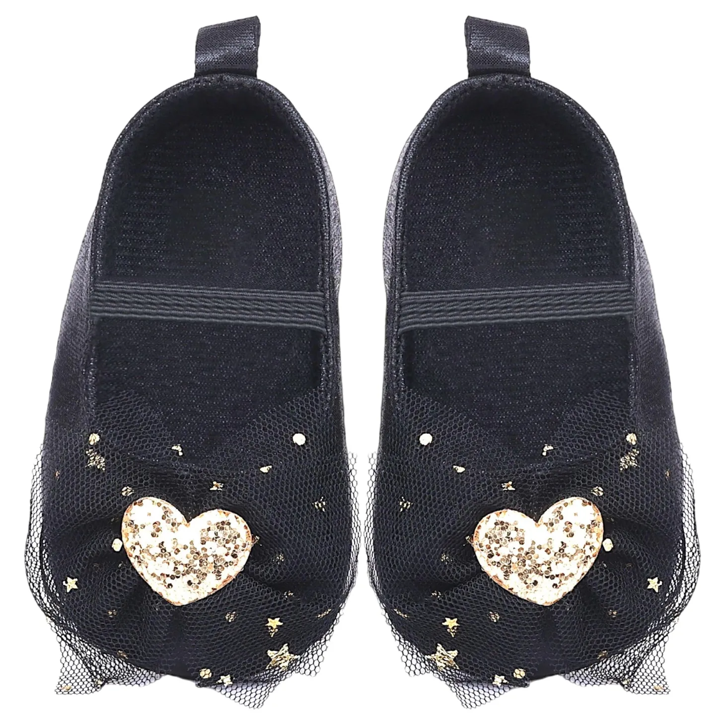 Baby Moo Embellished Bow Glittery Heart Anti-Skid Ballerina Booties - Black