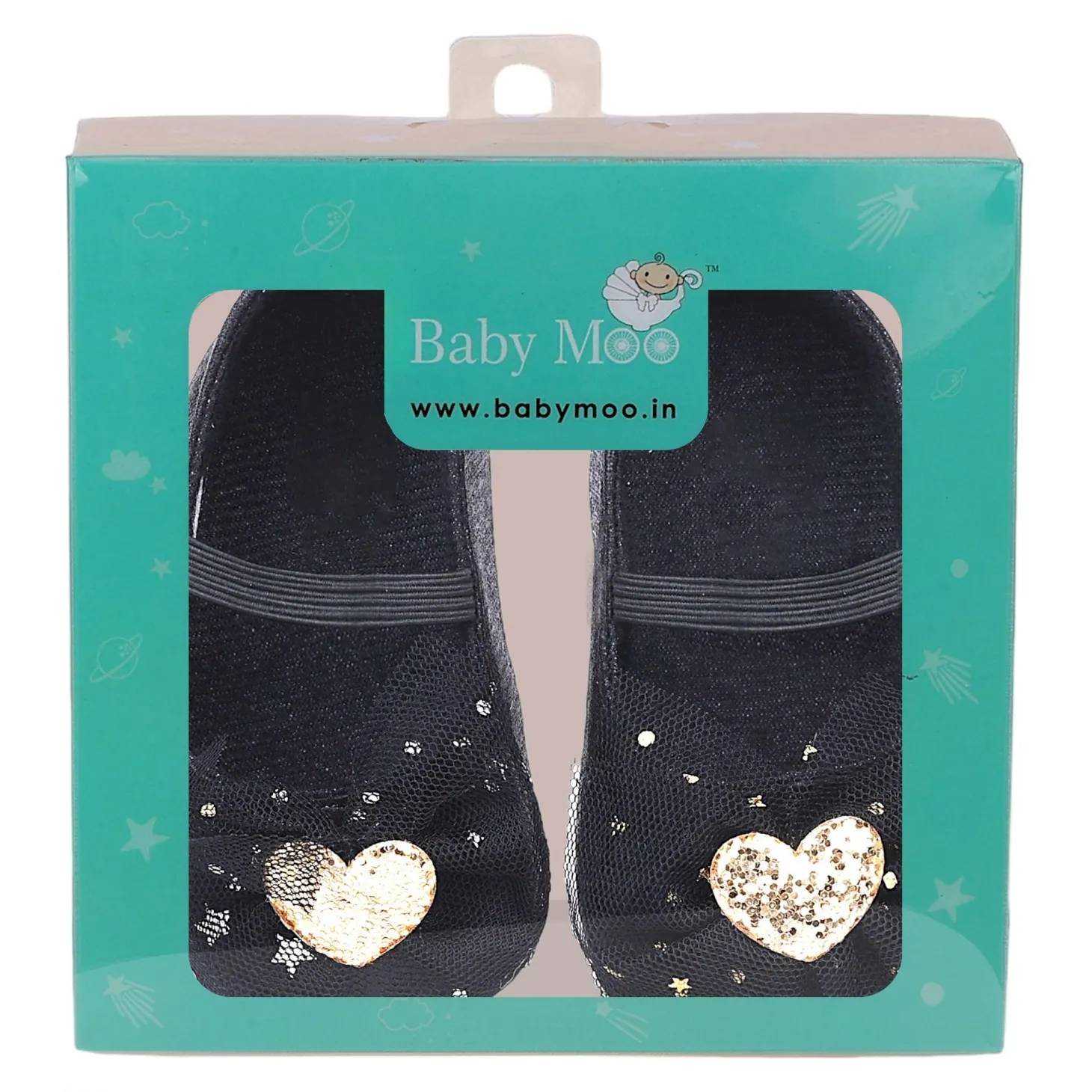Baby Moo Embellished Bow Glittery Heart Anti-Skid Ballerina Booties - Black