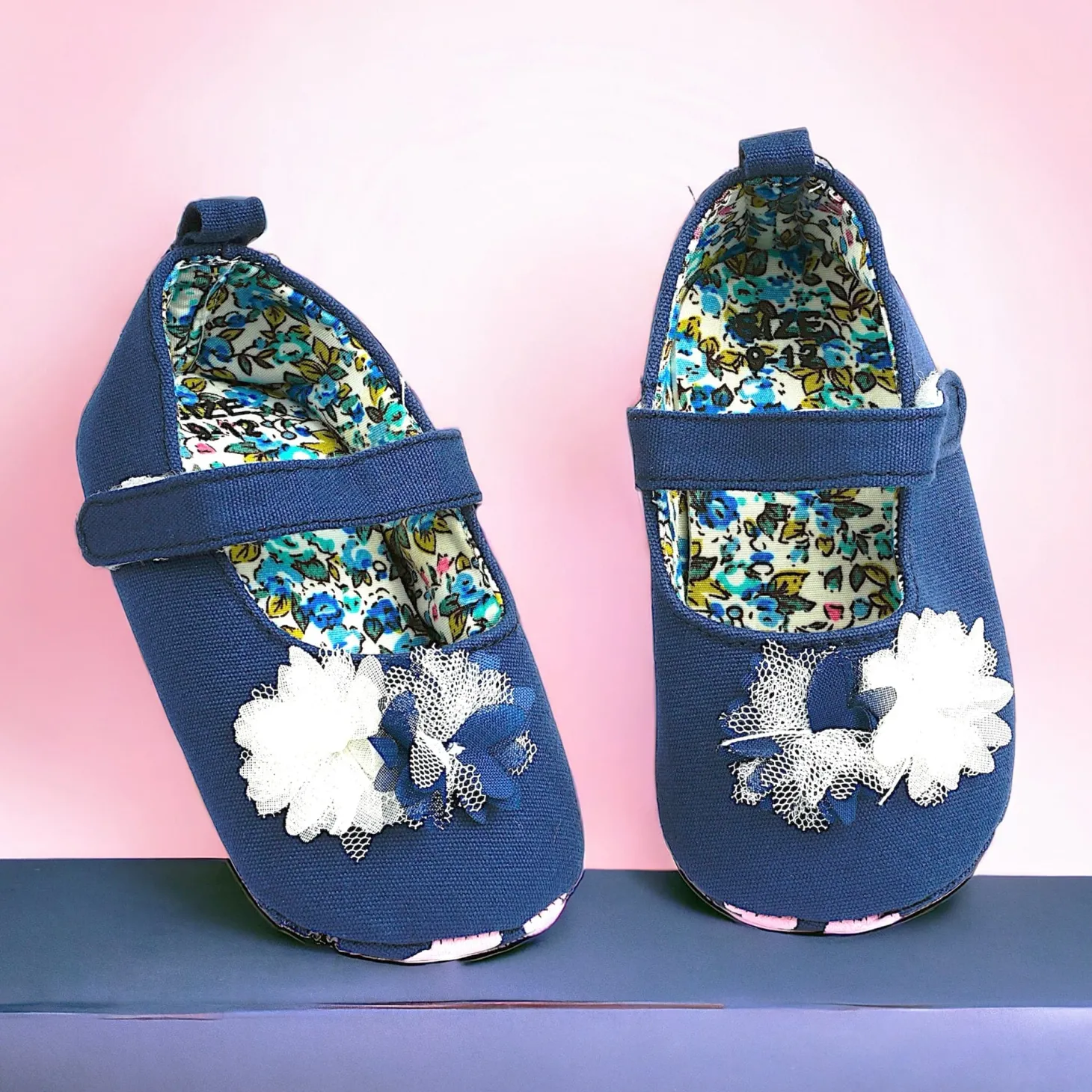 Baby Moo Embellished Flower Anti-Skid Ballerina Booties - Navy Blue