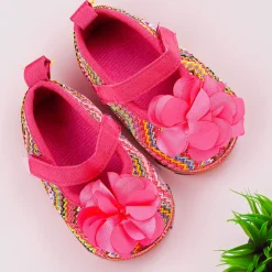 Baby Moo Embellished Flower Colourful Woven Anti-Skid Ballerina Booties - Pink
