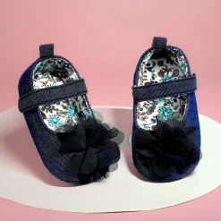 Baby Moo Embellished Flower Velcro Strap Denim Ballerina Booties - Navy Blue