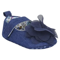 Baby Moo Embellished Flower Velcro Strap Denim Ballerina Booties - Navy Blue