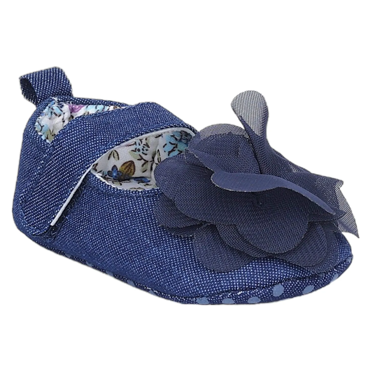 Baby Moo Embellished Flower Velcro Strap Denim Ballerina Booties - Navy Blue