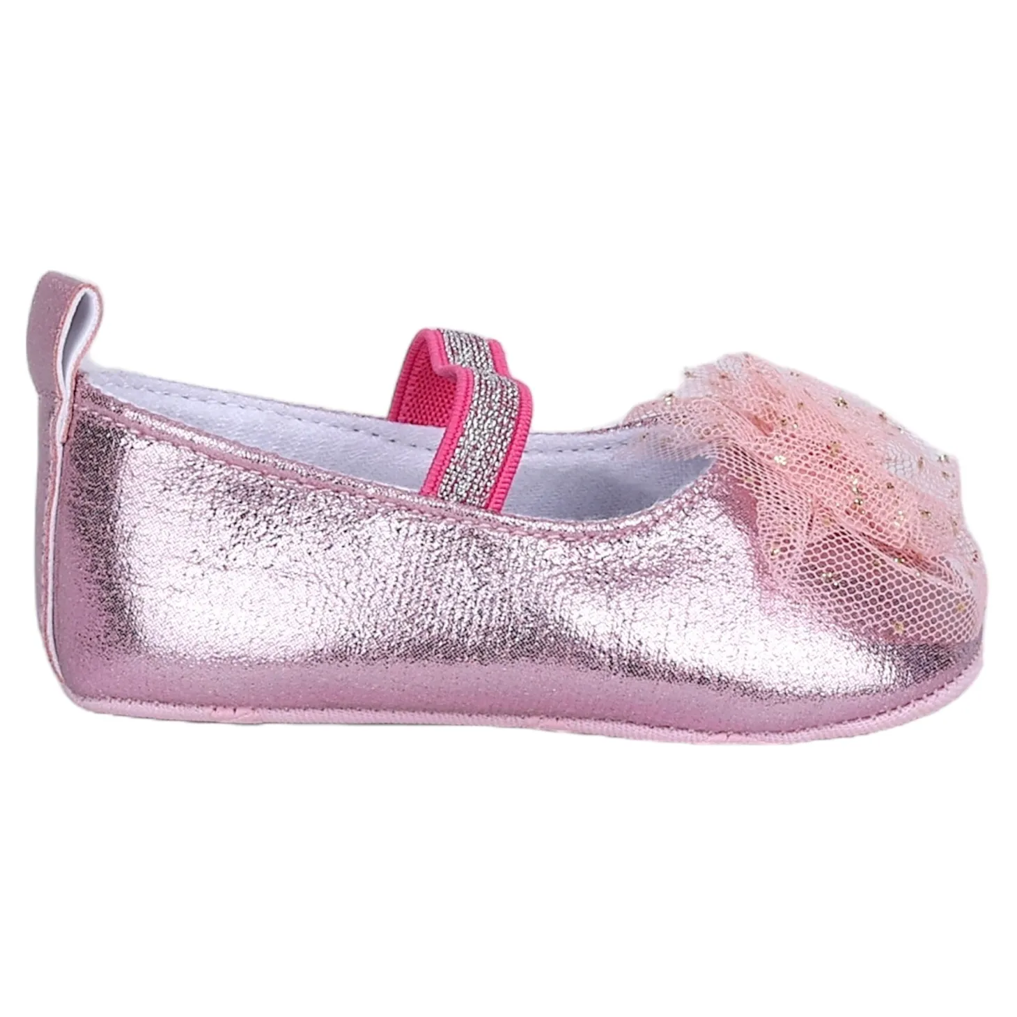 Baby Moo Embellished Flower Elastic Strap Gllittery Ballerina Booties - Pink, Metallic