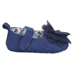 Baby Moo Embellished Flower Velcro Strap Denim Ballerina Booties - Navy Blue