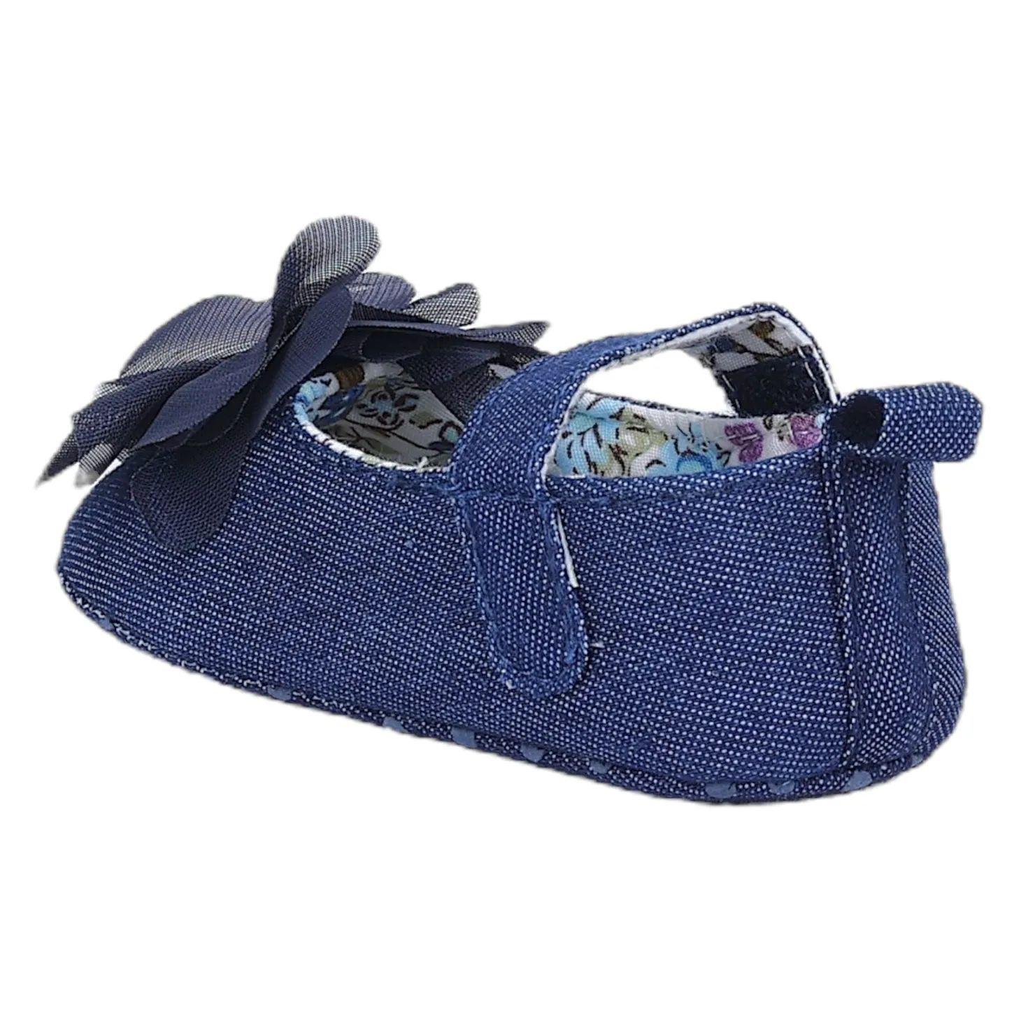 Baby Moo Embellished Flower Velcro Strap Denim Ballerina Booties - Navy Blue