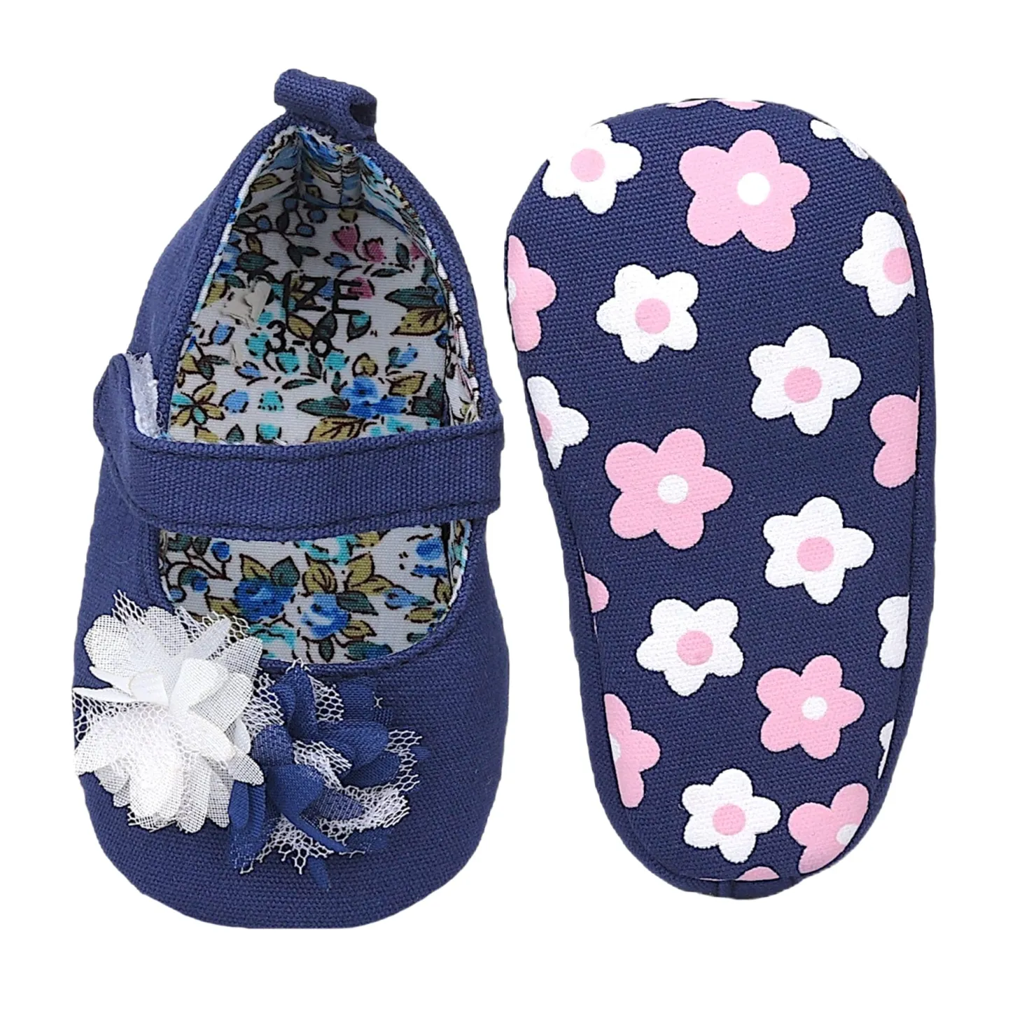 Baby Moo Embellished Flower Anti-Skid Ballerina Booties - Navy Blue