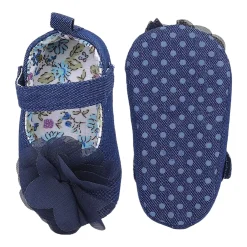 Baby Moo Embellished Flower Velcro Strap Denim Ballerina Booties - Navy Blue