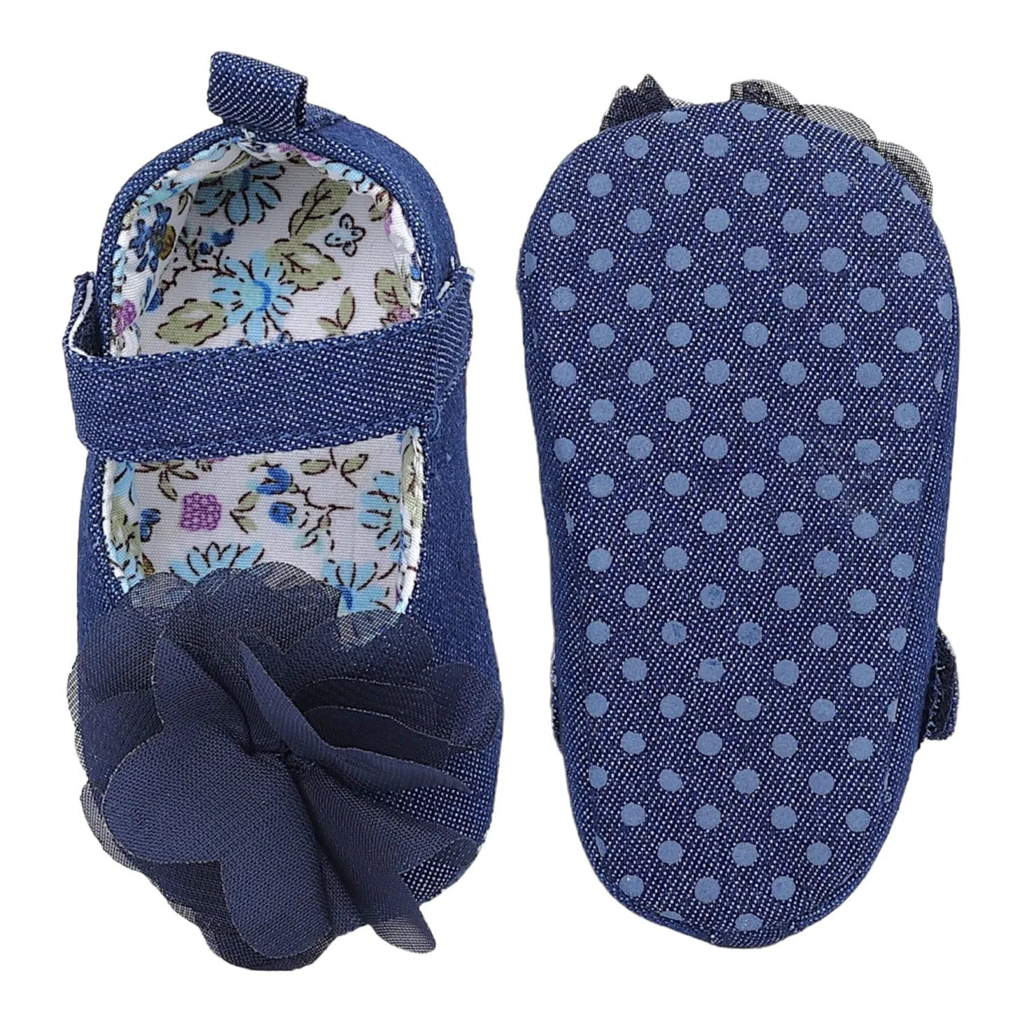 Baby Moo Embellished Flower Velcro Strap Denim Ballerina Booties - Navy Blue