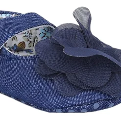 Baby Moo Embellished Flower Velcro Strap Denim Ballerina Booties - Navy Blue