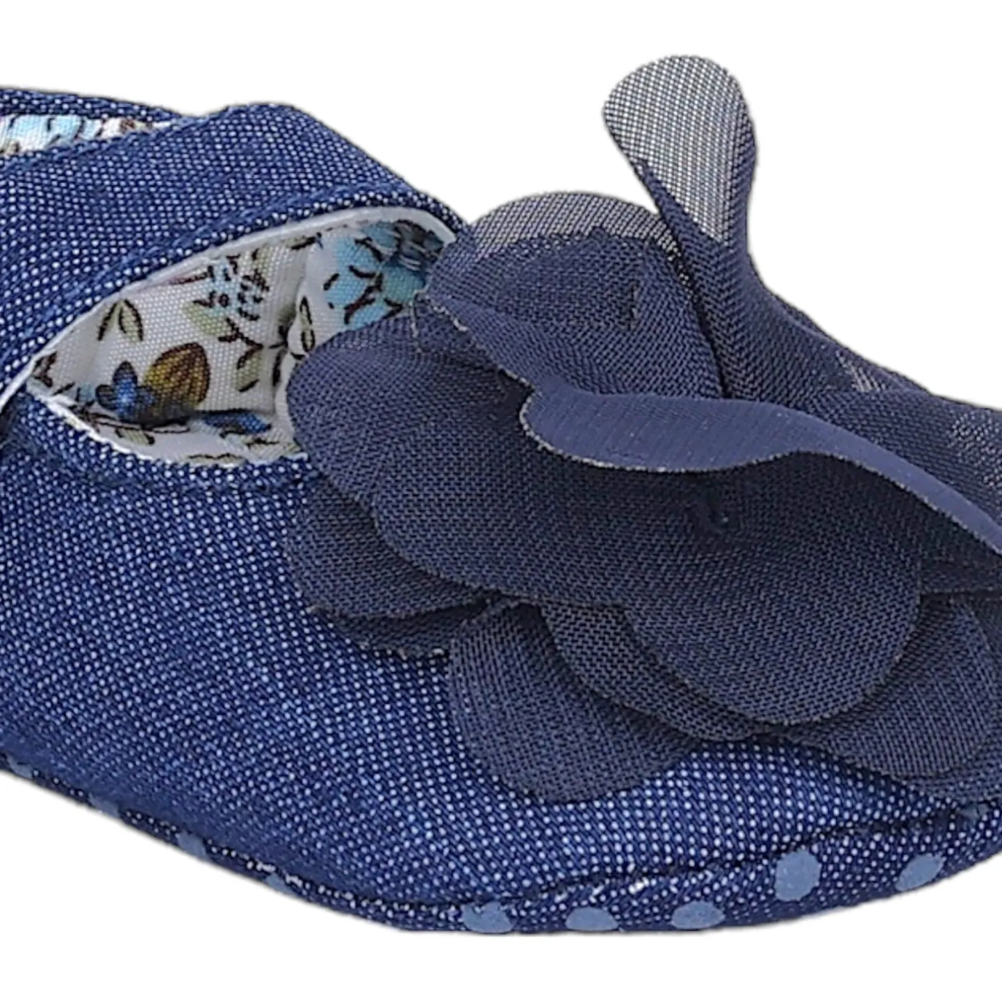 Baby Moo Embellished Flower Velcro Strap Denim Ballerina Booties - Navy Blue