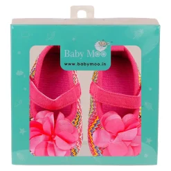 Baby Moo Embellished Flower Colourful Woven Anti-Skid Ballerina Booties - Pink