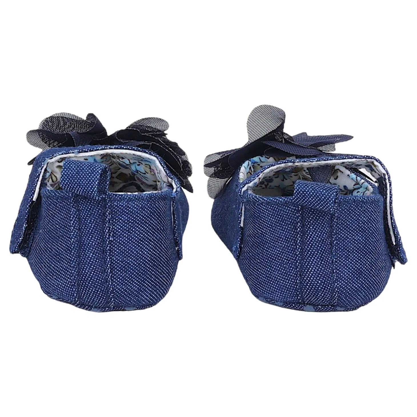 Baby Moo Embellished Flower Velcro Strap Denim Ballerina Booties - Navy Blue