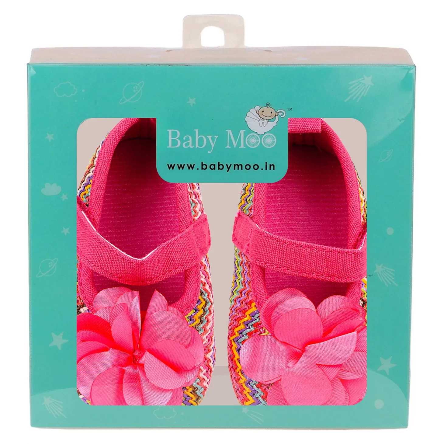 Baby Moo Embellished Flower Colourful Woven Anti-Skid Ballerina Booties - Pink
