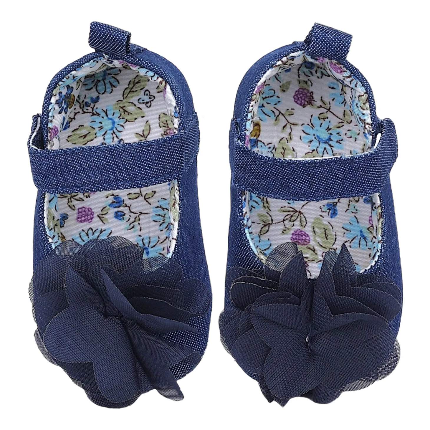 Baby Moo Embellished Flower Velcro Strap Denim Ballerina Booties - Navy Blue