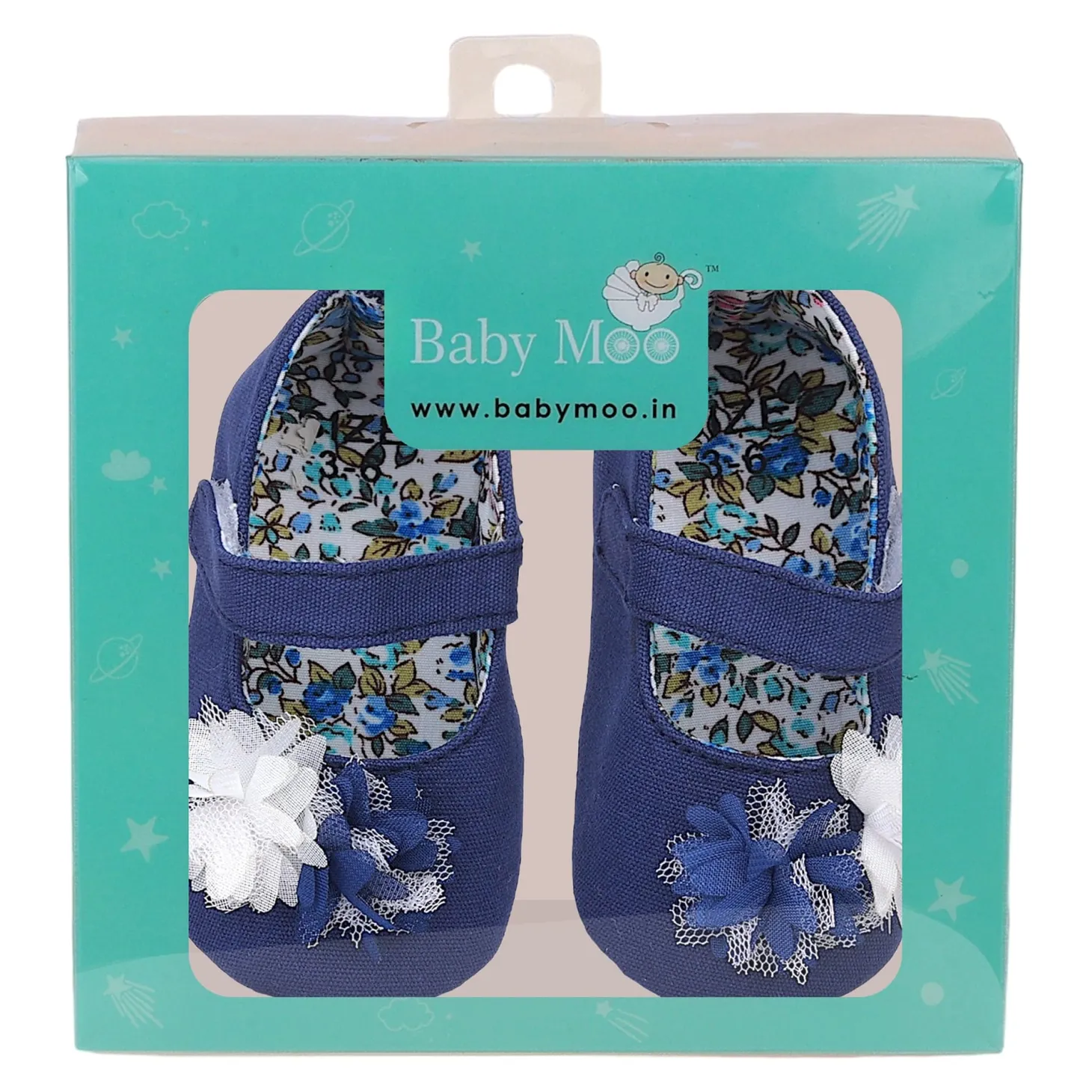 Baby Moo Embellished Flower Anti-Skid Ballerina Booties - Navy Blue