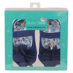 Baby Moo Embellished Flower Velcro Strap Denim Ballerina Booties - Navy Blue