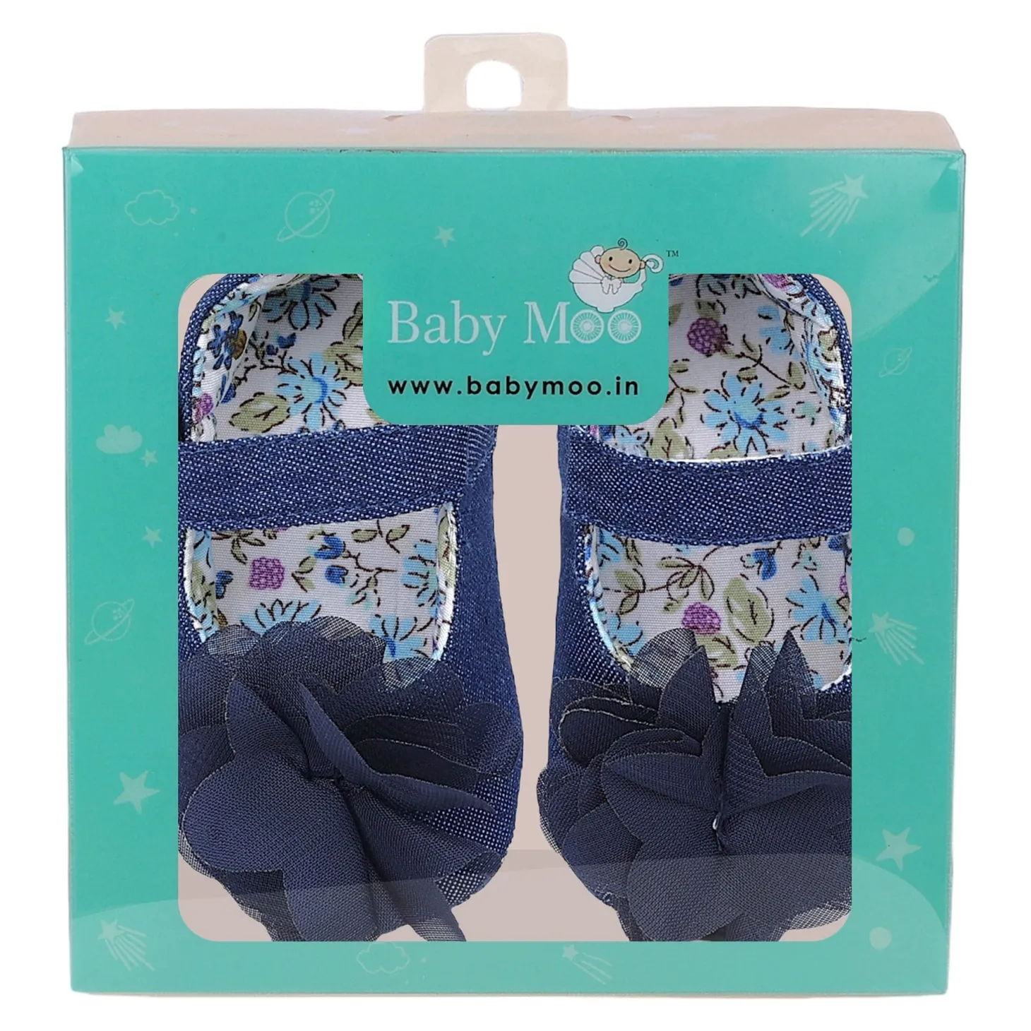 Baby Moo Embellished Flower Velcro Strap Denim Ballerina Booties - Navy Blue
