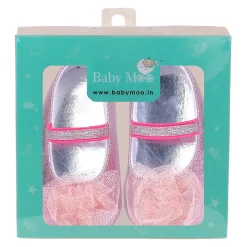 Baby Moo Embellished Flower Elastic Strap Gllittery Ballerina Booties - Pink, Metallic