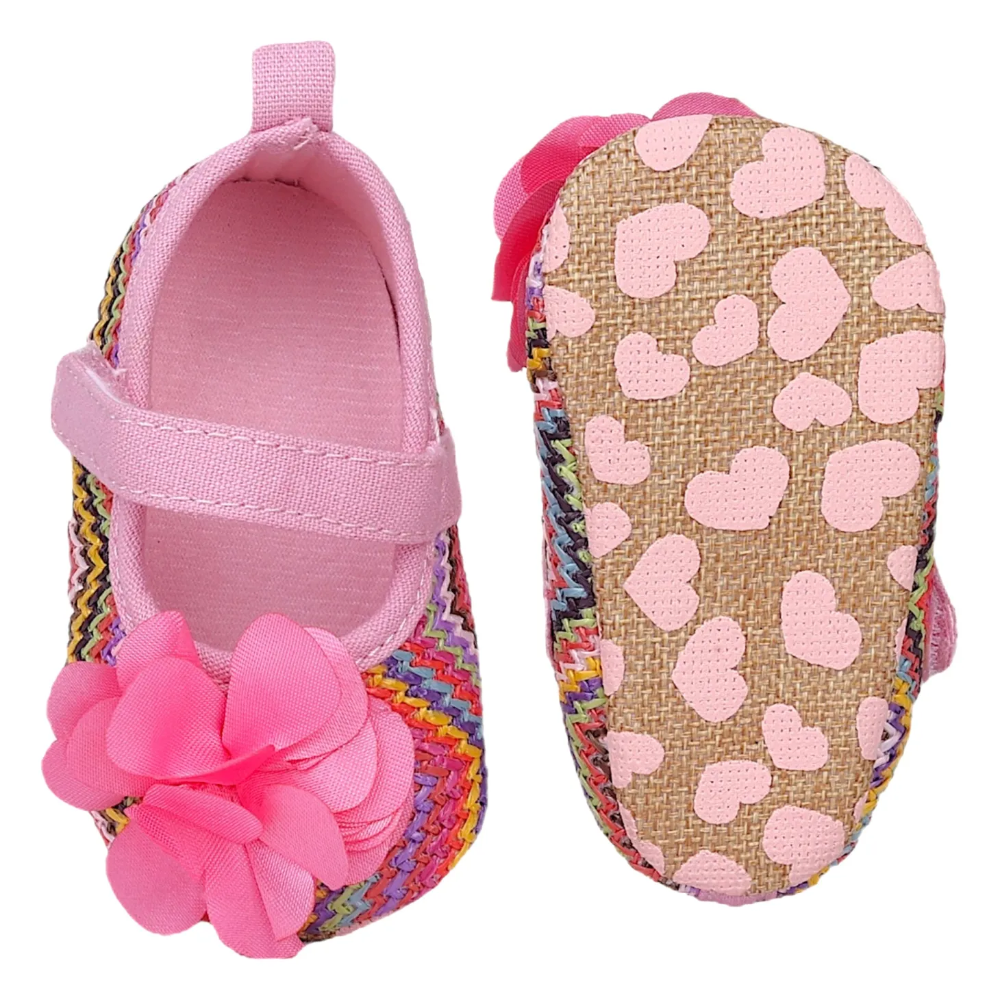 Baby Moo Embellished Petals Colourful Woven Anti-Skid Ballerina Booties - Pink