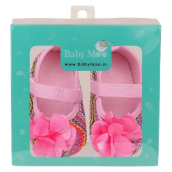 Baby Moo Embellished Petals Colourful Woven Anti-Skid Ballerina Booties - Pink