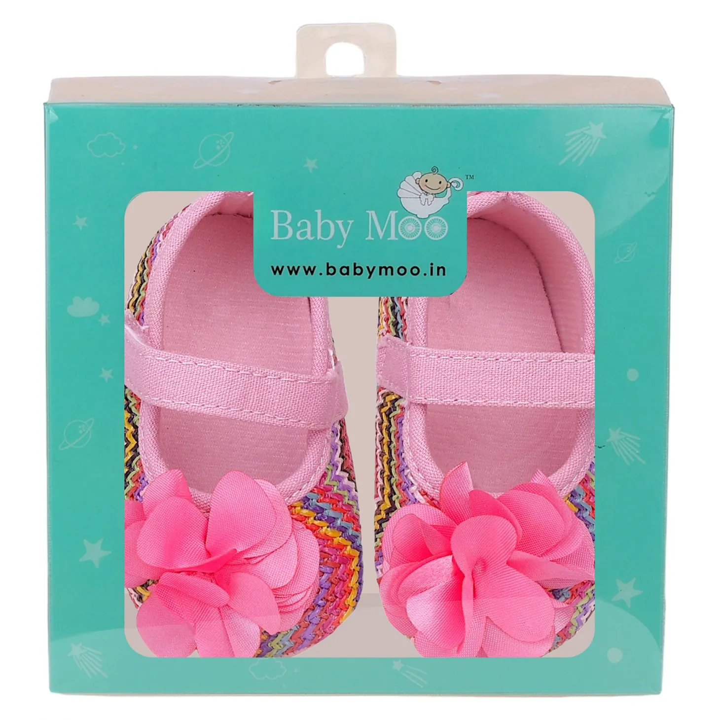 Baby Moo Embellished Petals Colourful Woven Anti-Skid Ballerina Booties - Pink