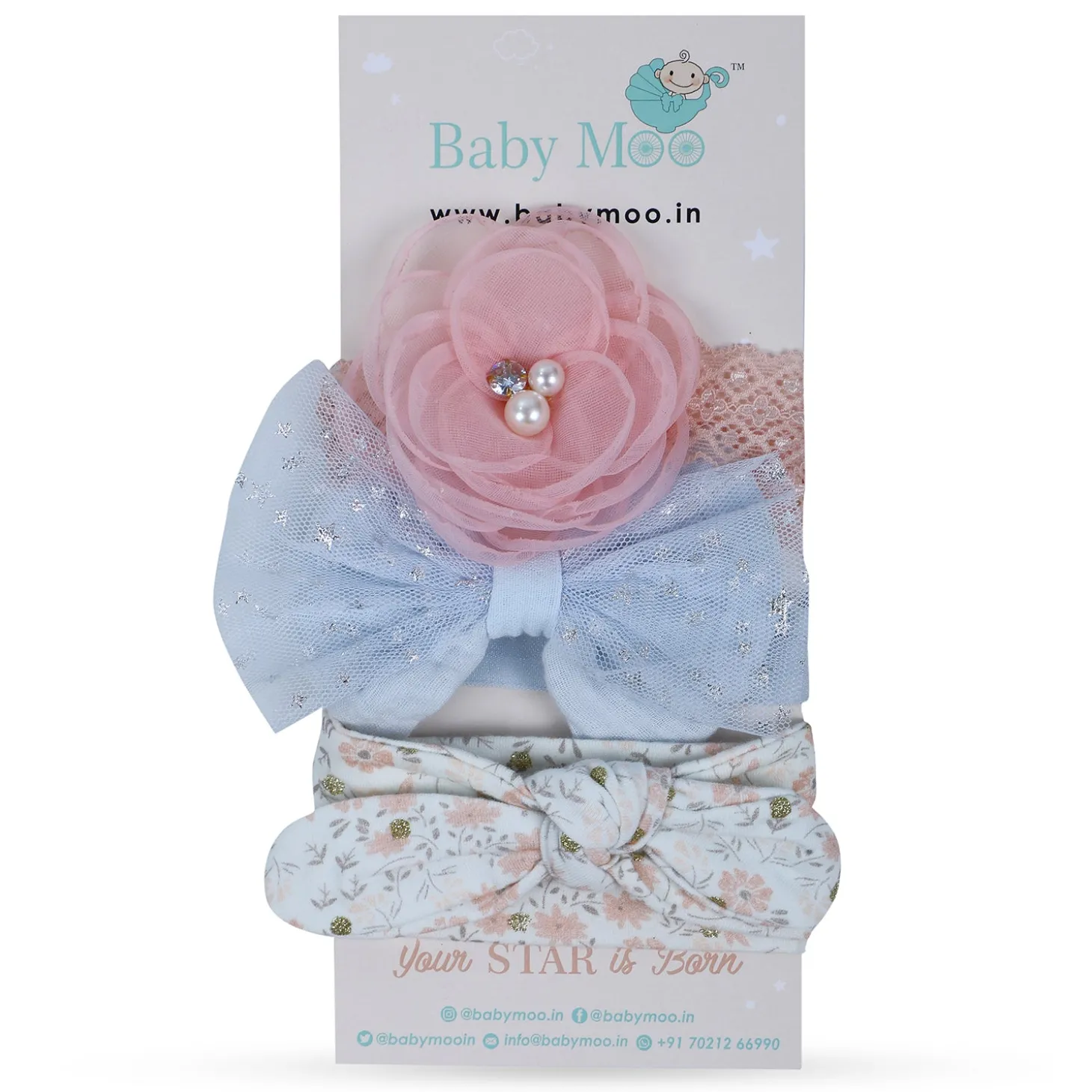 Baby Moo Emblished Flower Headband Set of 3 - Pink