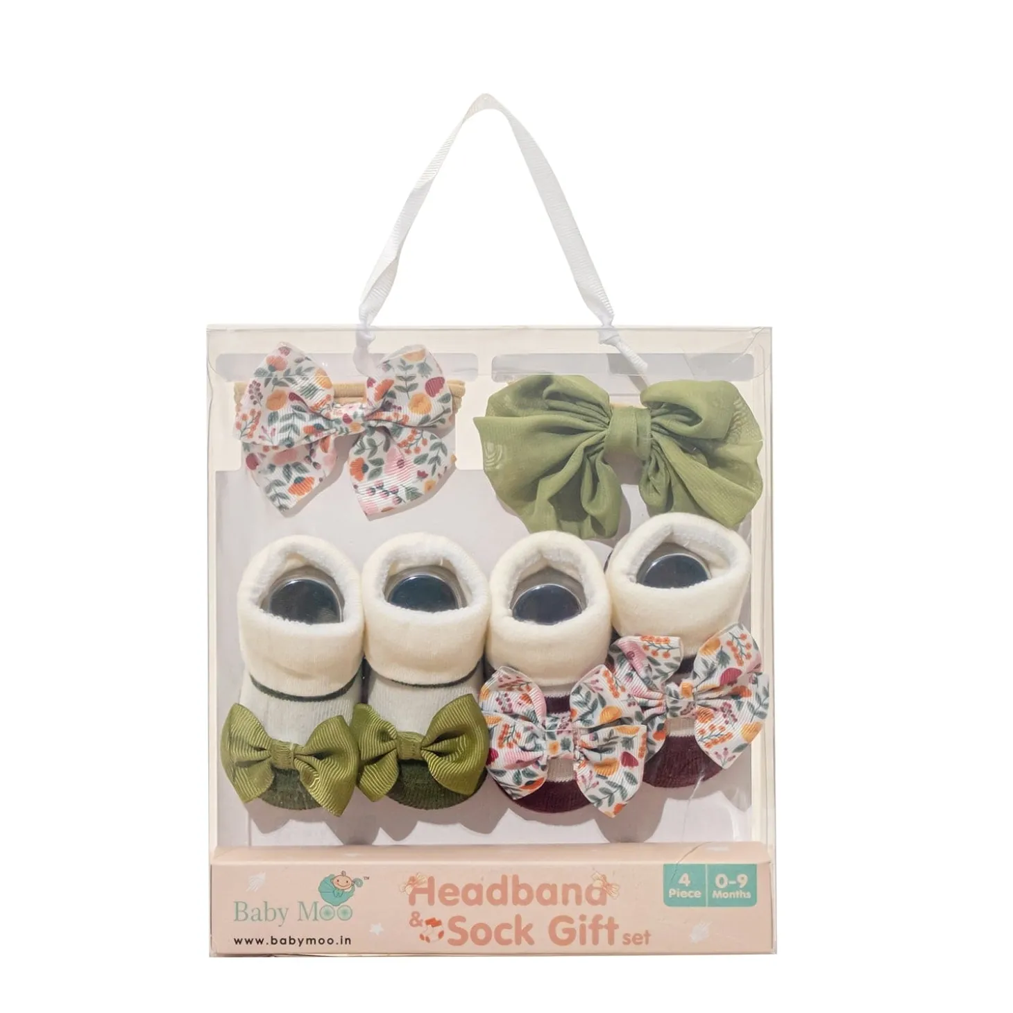 Baby Moo Fall Botanical Infant Girl 4-Piece Gift Hairband And Socks Set - Green