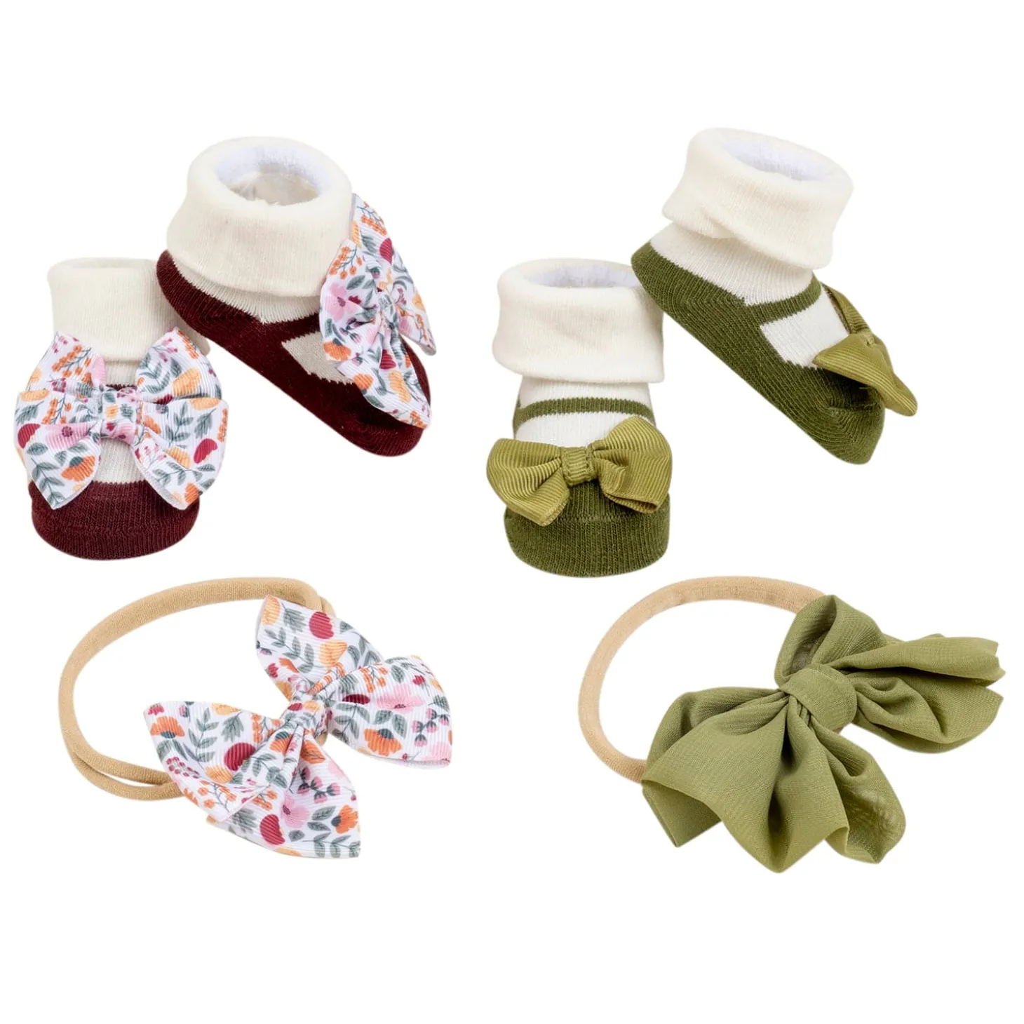Baby Moo Fall Botanical Infant Girl 4-Piece Gift Hairband And Socks Set - Green