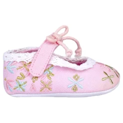 Baby Moo Fancy Floral Embroidered Velcro Straps Anti-Skid Booties - Pink