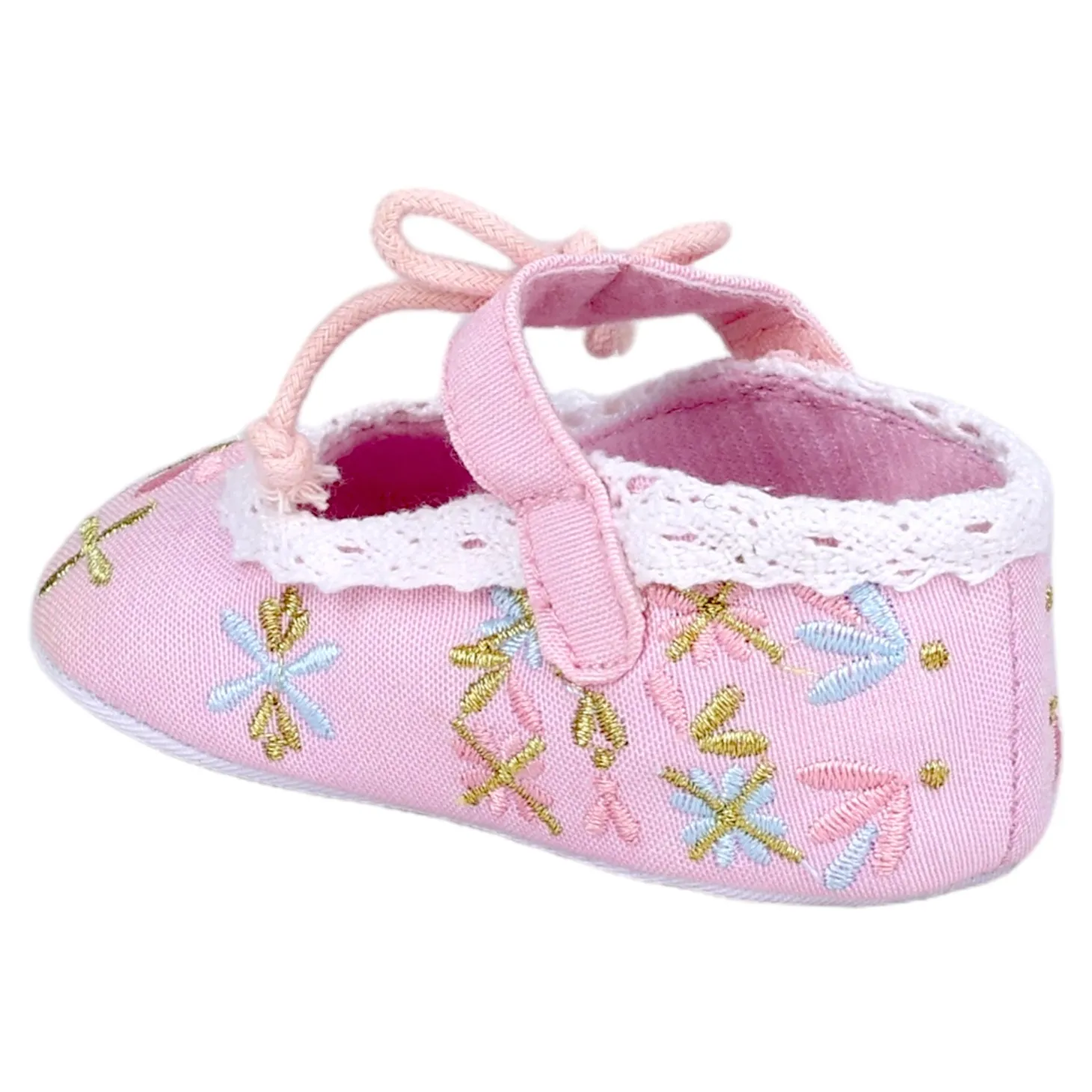 Baby Moo Fancy Floral Embroidered Velcro Straps Anti-Skid Booties - Pink