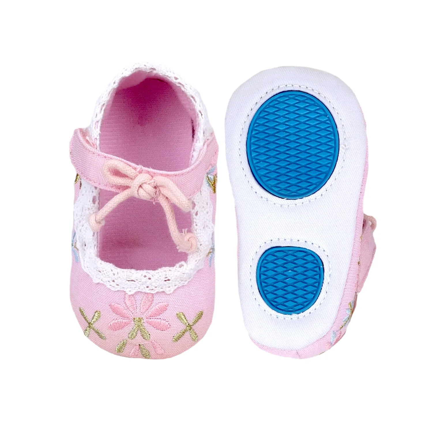 Baby Moo Fancy Floral Embroidered Velcro Straps Anti-Skid Booties - Pink