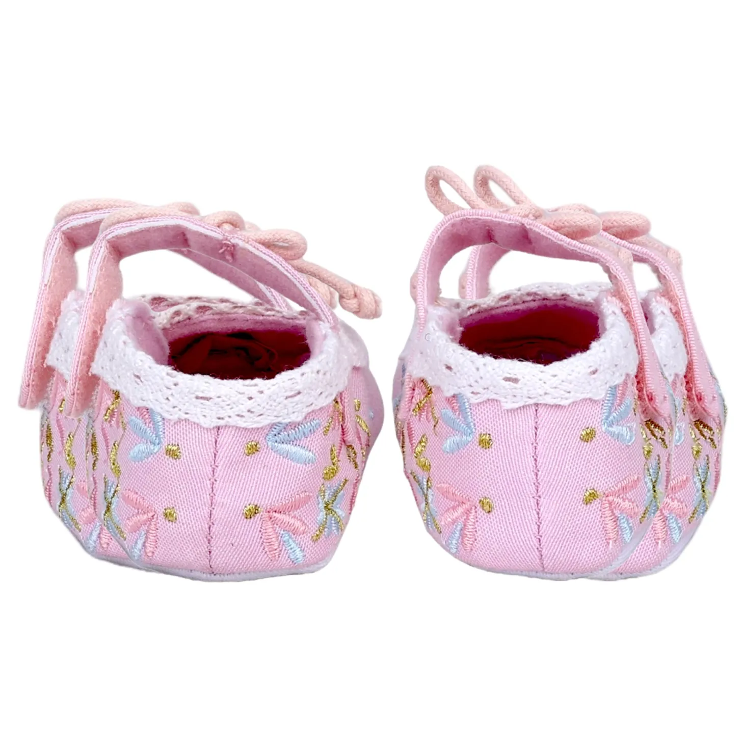 Baby Moo Fancy Floral Embroidered Velcro Straps Anti-Skid Booties - Pink