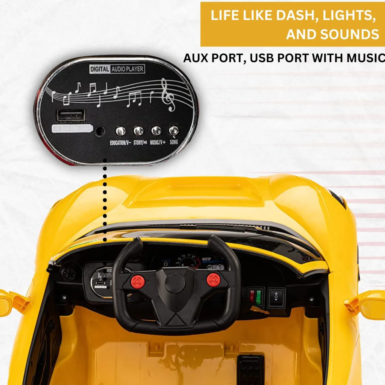 Baby Moo Ferrari F8 12V Battery Operated Ride On Car for Kids | Remote Control | Rechargeable Battery | USB MP3 Player | Ages 1-6 - Yellow
