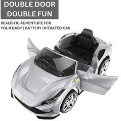 Baby Moo Ferrari F8 12V Battery Operated Ride On Car for Kids | Remote Control | Rechargeable Battery | USB MP3 Player | Ages 1-6 - Silver
