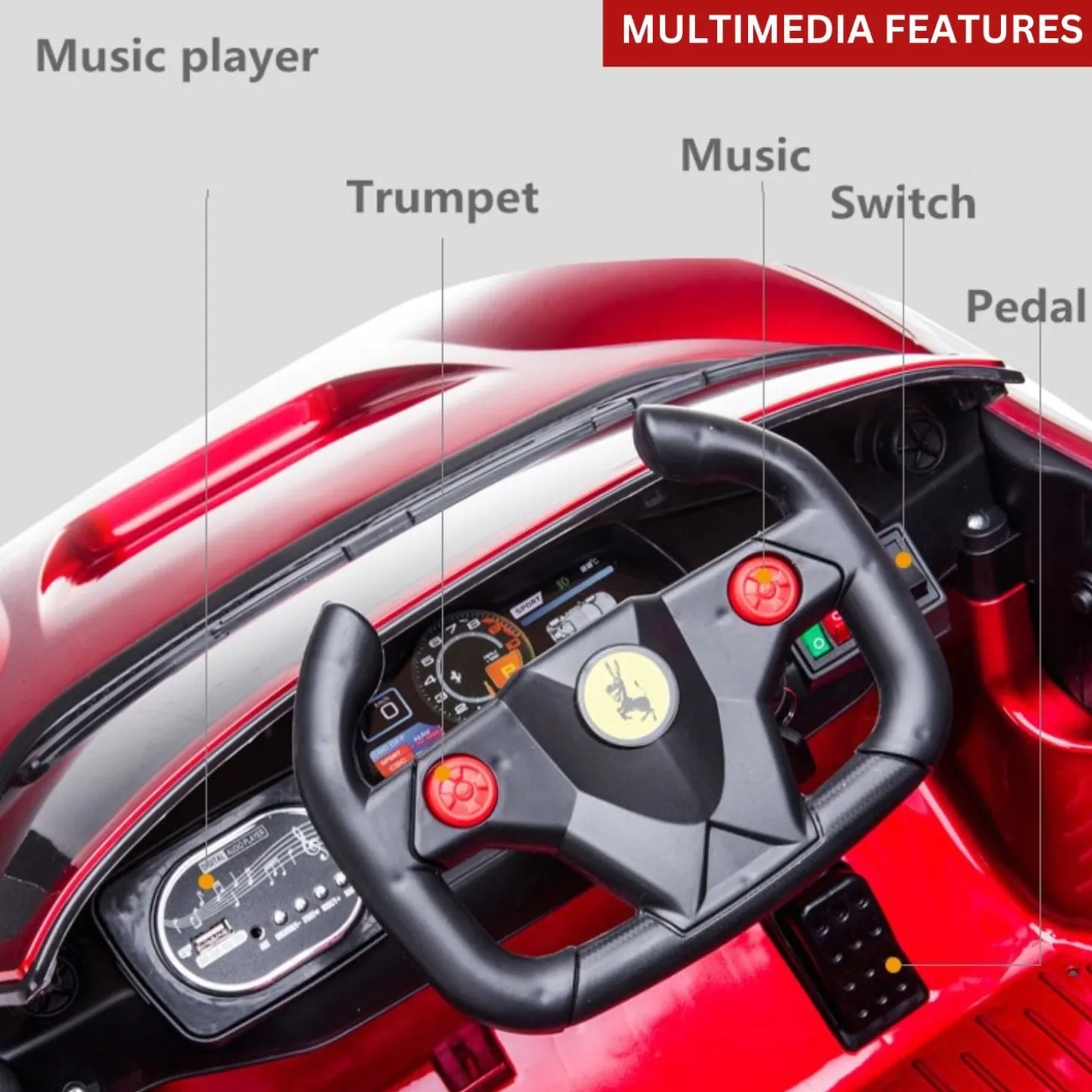 Baby Moo Ferrari F8 12V Battery Operated Ride On Car for Kids | Electric Car with Remote Control | Rechargeable Battery-Powered Toy with LED Lights, Music & USB Port | Age 2-8 - Red