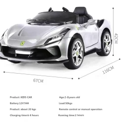 Baby Moo Ferrari F8 12V Battery Operated Ride On Car for Kids | Remote Control | Rechargeable Battery | USB MP3 Player | Ages 1-6 - Silver